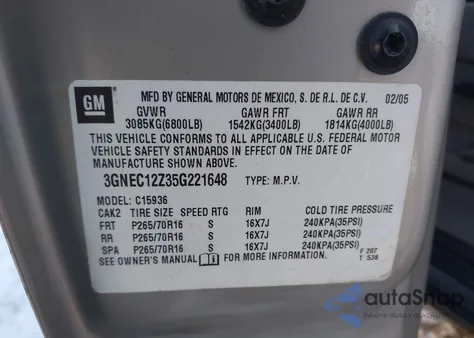 2005 Chevrolet Avalanche 1500 Ls z USA, uszkodzony, nr VIN 3GNEC12Z35G221648